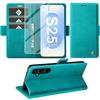 Giyer Cover per Samsung Galaxy S25 Custodia con Vetro Temperato, Premium Pelle PU Portafoglio Slot per Scheda RFID Antifurto Funzione Supporto Flip Case, Antiurto per Samsung S25 5G Cover (Ciano)