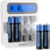 Hixon Batteria al litio ricaricabile AA da 1,5 V, confezione da 4 batterie AA agli ioni di litio con caricatore LCD, uscita ad alta corrente 3A, alta capacità 3500 mWh, uscita costante 1,5 V, 1500