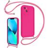 Coalbooliy Cover per iPhone 13 mini 5,4 con Cordino per Cellulare, Custodia Silicone con Regolabile Collana Sottile Morbida Case Protezione della fotocamera Antiurto con Necklace, Rosa Rossa