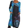 Kobilee Vestiti Donna Invernali Girocollo con Tasche in Stile Etnico Abito Lungo Manica Lunga Caldo Vestiti Donna a Trapezio al Ginocchio Vintage Cerimonia Autunno e Inverno Blu XXL