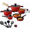BAKAJI Batteria di Pentole 24 Pezzi Modello Rubino con Manici Removibili in Alluminio Pressofuso Antiaderente, Casseruola e Padella con Manico Amovibile, Coperchi e Mestoli Accessori (Rosso)
