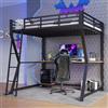 Huayz Letto a castello in metallo 140x200, letto per bambini con letto a soppalco, luce LED, stazione di ricarica USB, scrivania e scaffale per console, letto singolo per ragazzi con protezione