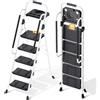 KINGRACK Scaletta 5 Gradini, Scala Pieghevole Portata 150 kg, con Blocco di Sicurezza, Vaschetta Portaoggetti, Ampio Pedale Antiscivolo, Corrimano, Scala Domestica per Casa Giardino Pittura, Bianco