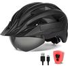 FUNWICT Casco Bici per Uomo Donna Adulto, Leggero Casco MTB con Visiera Rimovibili Occhiali Magnetici e LED Luce Ricaricabile, Casco Ciclismo da Corsa Caschetto Bici (XL: 59-63 cm, Nero)
