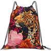 Generic Zaino con Coulisse Leopard Amidst Colorful Flowers Drawstring Backpack Pieghevole Sacca da Palestra Resistente Sacchetta Sportiva per Unisex Viaggi Scuola