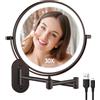 FUNTOUCH Specchio da bagno illuminato da parete ricaricabile da 5000 mAh, specchio da bagno con ingrandimento 1X 30X, illuminazione a 3 colori, oscuramento touch, braccio esteso con rotazione a 360 gradi