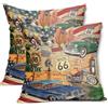 aportt Set di 2 federe per cuscini con auto antiche 45,7 x 45,7 cm, stile vintage Route 66, stile shabby chic, in cotone e lino, per camera da letto, divano, soggiorno, sedia