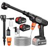 Purova Idropulitrice a Batteria, 21V Max 60Bar Idropulitrice Portatile con Batteria, Idropulitrice ad Alta Pressione, Tubo 5M, Ugello 6 in 1, Bottiglia di Schiuma (con 2 batterie da 6000 mAh)