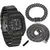 Genkigold Orologio con Diamanti per Ragazzi - Quadrante Quadrato 40mm con Numeri Romani - Placcato in Rodio Nero Cinturino 18,5cm - Include Strumento di Regolazione, Abbinato a Catene Cubane 18cm+40cm