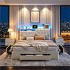 BIYFSDS Letto matrimoniale 140 x 200 cm con LED e USB, letto imbottito 140 x 200 con 3 cassetti di stoccaggio, letti per 2 persone con rete a doghe letto imbottito, telaio letto con cassetto (Beige-1