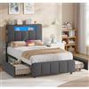 AOGLLATI Letto Singolo con Contenitore 90x200, Struttura Letto con LED e Stazione di Ricarica, Letto Singolo Imbottito con 2 Cassetti, Vano Portaoggetti Laterale, Partizione, Lino Grigio