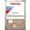 Toshiba 8TB N300 NAS 3.5'' SATA Internal Hard Drive. 24/7 Operation, Supports 1-8 bay systems, 256MB Cache, 180TB/Year workload, 3yr Warranty(HDWG180UZSVA).