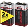 Warriors 2X batteria 9V batterie 9 volt pila pile 9v alcaline, extra potenza, extra lunga durata per rilevatori di fumo, irrigatori da giardino e sensori di allarme 6lr61 6F22 PP3 MN1604 (2X)