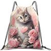 Generic Zaino con Coulisse Pink Roses Cute Cat Sacca da Palestra Grande capacità Sacchetta Sportiva Pieghevole Sportiva Zainetto per Unisex Viaggi Vacanze