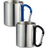notrash2003®, 2 tazze da caffè a doppia parete in acciaio inox, con moschettone per il fissaggio allo zaino, moschettone di colore nero e blu
