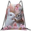 Generic Zaino con Coulisse Cute Bunny Rabbit And Cherry Bloom Borsa con Coulisse Pieghevole Sacchetta Sportiva Grande capacità Sacca da Palestra per Scuola Spiaggia Vacanze