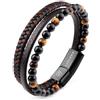 LIVLOKO LONDON - Bracciale da uomo in pelle nera multistrato con perline di pietra, chiusura regolabile in acciaio, cinturino in corda vichinga, surfista, uomo, confezione regalo per fidanzato, papà