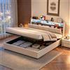 Mydtt Letto Matrimoniale 180x200 con Contenitore, Letto imbottito LED Testiera con porte USB, TypeC e Presina, Struttura Letto con Rete a Doghe e Testiera con Contenitore, Senza Materasso, Lino Beige