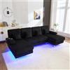 Lubvtti Divano moderno a forma di U con illuminazione a LED e porta USB-C, struttura in legno massello con 4 cuscini di lusso e schienale di alta qualità, design confortevole, Nero