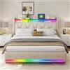 XMETPR Struttura letto 140x200 cm con illuminazione a LED, lino, beige | Ripiano per testiera, letto imbottito, con 4 cassetti portaoggetti, doppi porti di ricarica, doghe in legno.