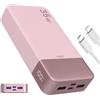 JUOVI J2651 Power Bank 35W 20000mAh USB C In & Out Power Bank, pacco batteria con QC3.0+PD3.0 35W ad alta velocità di ricarica per auricolari Bluetooth, telefono cellulare, tablet (Rosa)