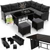 Juskys Lounge in polyrattan Manacor nero - Lounge da giardino con divano, tavolo, 2 sgabelli e cuscini - Set di mobili da giardino fino a 7 persone - Rivestimenti dei sedili color grigio