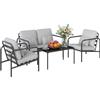 Outsunny Set Salotto da Giardino 4 Pezzi, Set di Mobili da Giardino in Acciaio con Divano 2 Posti, 2 Poltrone, Tavolino in Vetro, Cuscini Spessi, Cuscini Lombari, Salottino da Esterno, Grigio Chiaro