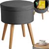 tectake® Sgabello Imbottito con Effetto Lino, Mobile Rotondo, Scompartimento Interno, Gambe in Pino con Feltrini, Design Elegante e Resistente - Grigio Scuro