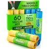 Eurocali 60 Sacchi per Raccolta Differenziata in Plastica HDPE 70x100cm 110L con Maniglie Tira e Chiudi Colore Giallo e Azzurro Sacchetti Antiforo per Rifiuti Pattumiera Condominiale 6 Rotoli a Strappo