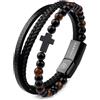 LIVLOKO LONDON - Bracciale da uomo in pelle nera multistrato con perline di pietra magnetica regolabile con chiusura in acciaio, cinturino in corda vichinga, surfista, uomo, confezione regalo per
