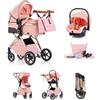 Kakbgee Passeggino 3 in 1 con Seggiolino Auto, Carrozzina Piegevole, 7-Altezza Regolabile, Sospensione 4 Ruote, Copripioggia e Zanzariera, Baby Stroller per Neonati 0-3 Anni (15kg), Rosa