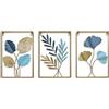 MKUN Sculture da parete in ferro, set di 3 grandi dimensioni, rettangolari in metallo, decorazione da parete con ginkgo biloba, ideali per la decorazione di casa e hotel (blu oro)
