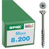 SPAX Viti in acciaio inox, 8 x 200 mm, 50 pezzi, filettatura parziale, testa svasata, T-STAR plus T40, 4CUT, in acciaio inox A2-0197000802005