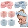 KU Set 6 Pezzi Fascia Capelli Skincare & Polsini - Morbido Velluto, Cerchietto Capelli Antiscivolo per Make up, Yoga, Spa, Detergere il Viso (Rosa, blu)