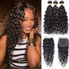 AIQI HAIR Capelli Umani Ricci Tessitura brasiliana 10A Water Wave Human Hair Bundles with Closure (10 12 14+10) Wet and Wavy Brazilian Virgin Human Hair 3 Bundles with 4x4 Lace Closure
