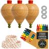 EVERGIFT Trottola in legno per bambini, confezione da 3 trottole + 12 pastelli colorati + 3 rondelle | fatto a mano in Spagna con punta rotonda.