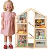 FANTASK Casetta per bambole in legno, colorata con mobili e accessori, 3 ripiani fai da te con garage e porta apribile, per ragazze e ragazzi dai 2 anni in su