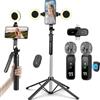 HUGSEE Content Creator Starter Set, kit Vlogging per iPhone/Android, treppiede per cellulare da 180 cm, con 2 microfoni completi e wireless, selfie stick starter kit per Tiktok/YouTube
