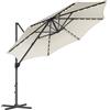 SONGMICS Ombrellone da Giardino 300 cm, 28 Luci a LED Solari, UPF 50+, Girevole a 360°, Inclinazione Continua, Manovella per Apertura e Chiusura, con Base a Croce, Bianco Crema GPU047Y11
