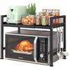 Shunwige LUHWYJA Mensola Microonde Estensibile, Regolabile Due Livelli Microonde Scaffale, Acciaio Carbonio Ripiano Contatore Cucina Organizzatore Ripiani, 4 Ganci, Carico Pesante 60lbs (2 Livelli, Nero)