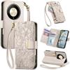 Jiajihua Cover Compatibile con Huawei Mate 60 Pro 【Portafoglio con cerniera】【Portacarte doppio】【Flip Stand】【Fibbia magnetica】 Custodia per telefono Lanyard Gray