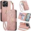 Jiajihua Cover Compatibile con Honor X5C (Plus) / X5D (Plus) 【Portafoglio con cerniera】【Portacarte doppio】【Flip Stand】【Fibbia magnetica】 Custodia per telefono Lanyard Pink