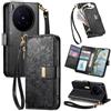 Jiajihua Cover Compatibile con Vivo X300 Ultra 【Portafoglio con cerniera】【Portacarte doppio】【Flip Stand】【Fibbia magnetica】 Custodia per telefono Lanyard Black