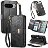 Jiajihua Cover Compatibile con Google Pixel 7A 【Portafoglio con cerniera】【Portacarte doppio】【Flip Stand】【Fibbia magnetica】 Custodia per telefono Lanyard Black