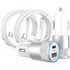 SANYEYE Caricabatteria da auto, confezione da 2 adattatori USB C da 48 W con cavo Lightning da 0,9 m, caricabatterie per telefono PD/QC 4.0, ricarica rapida, caricabatterie USB da 12 V, presa USB per iPhone