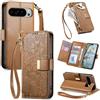 Jiajihua Cover Compatibile con Google Pixel 6A 【Portafoglio con cerniera】【Portacarte doppio】【Flip Stand】【Fibbia magnetica】 Custodia per telefono Lanyard Brown
