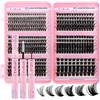 FADLASH 470 pièces - Cils individuels clusters 40-60-80-100-150-200D Wispy - 0.07D 10-18mm, kit d'extension de cils DIY avec colle et scellant, set de cils fluffy russes naturels effet œil de chat