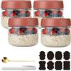 CNKHDZ Overnight Oats - 4 bicchieri Overnight Oats con coperchio, Meal Prep, riutilizzabili, per marmellate fatte in casa, Mason Jar con cucchiaio, etichetta (rosso, 300 ML)