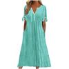 Generico Abito Estivo Donna Vestito in Cotone e Lino Maniche Corte Elegante Abiti Mare Casual Morbido Tinta Unita Abito con Bottoni Boho Chic Allentato Leggeri Vestiti Taglie Forti Vacanze Mare