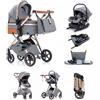 Kakbgee Passeggino 3 in 1 con Seggiolino Auto, Con base ISOFIX, Carrozzina Piegevole, 7-Altezza Regolabile, Sospensione 4 Ruote, Copripioggia, Zanzariera, Stroller per Neonati 0-3 Anni, 15kg, Grigio